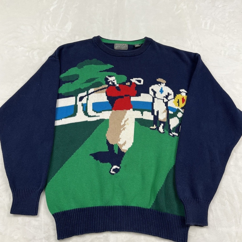 Kensington collection Golf Sweater XL Navy Blue Intarsia Knit Graphic Vintage